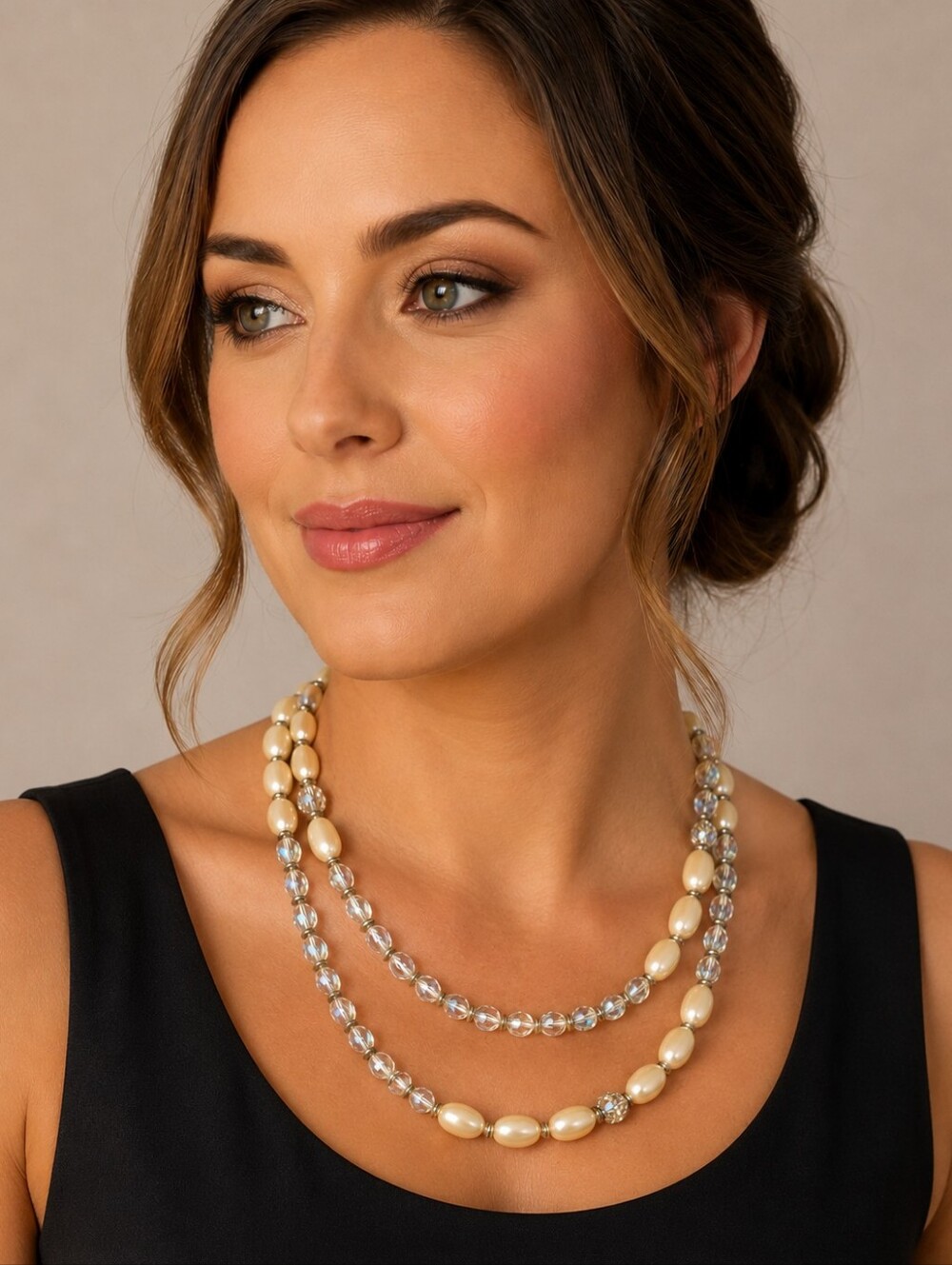 Vintage 36" Faceted AB Crystal & Faux Pearl Beaded Necklace‎ with Barrel Clasp